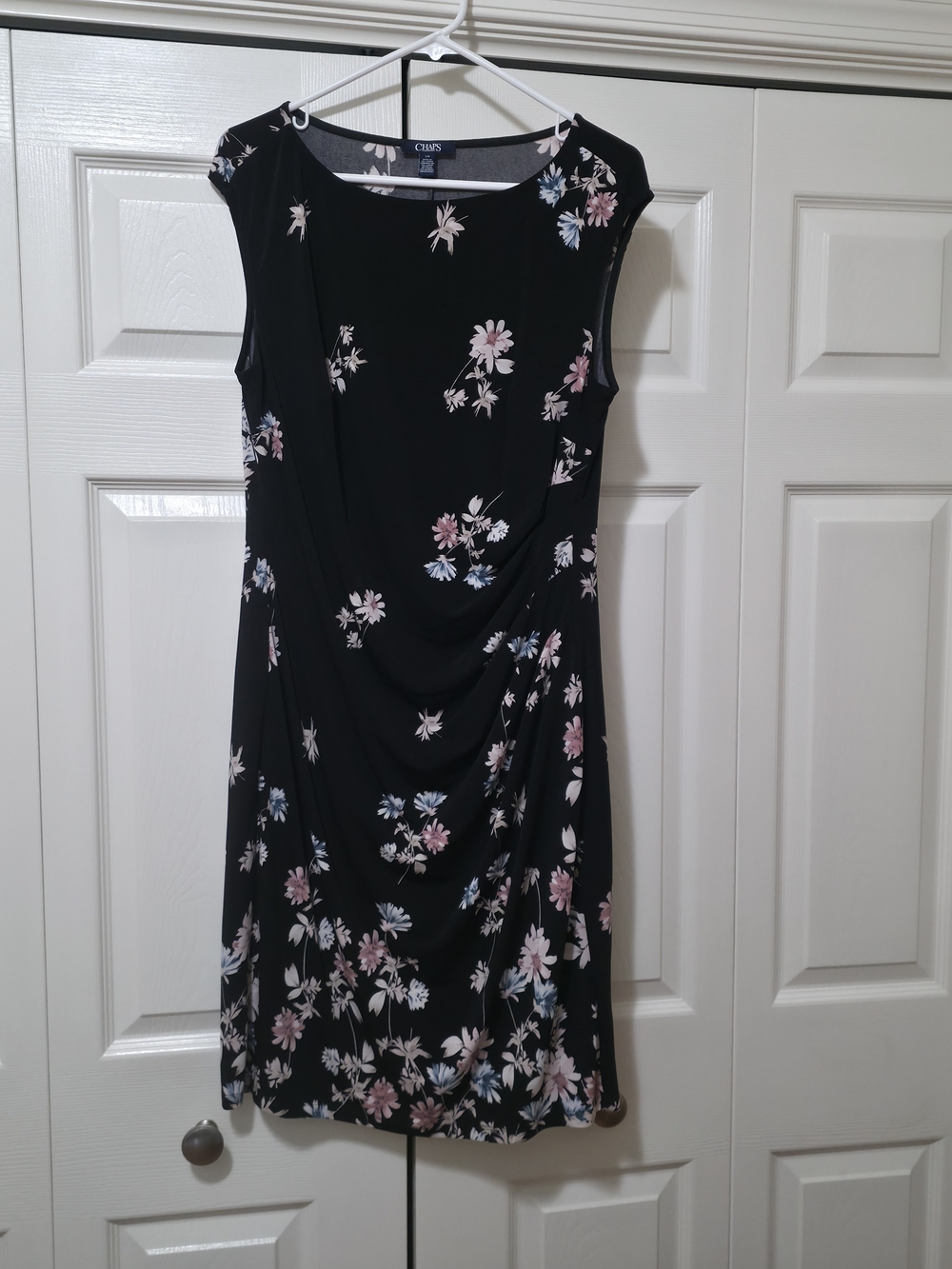 Chaps Size L Black Midi Dress with Pink & Blue Floral Print